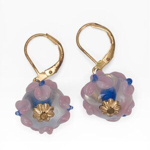 Murano Style Glass Earrings Pink Blue Floral Dangle Pierced Leverback Goldtone